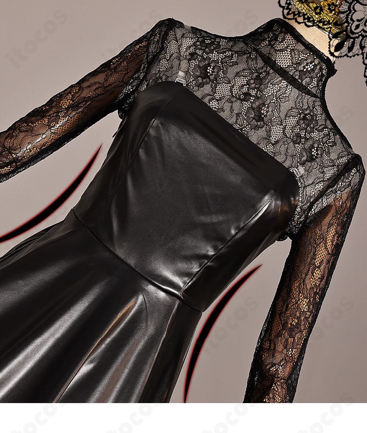 黒ドレスの装飾ディテール。縁取りや装飾的ステッチが分かるクローズアップ画像