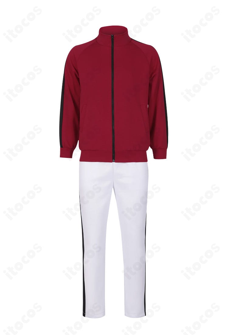 稲荷崎高校ジャージ上着とズボンの正面全体。オーダーメイド対応のサイズ感が分かる商品写真。