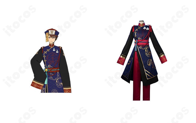 守沢千秋・高峯翠・深海奏汰ほかのスイートハロウィン衣装と商品正面の比較画像。帽子や飾りの意匠を含む全体構成を示す。