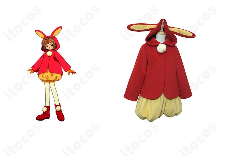 商品正面とキャラクター比較。カードキャプターさくら・木之本桜のうさ耳バトルコスチュームを再現したセットの全体像。