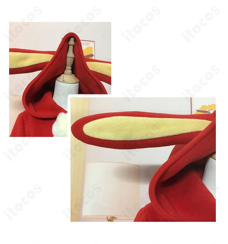 衣帽装飾のクローズアップ。うさ耳モチーフの立体感と縫製ラインを示すディテール。