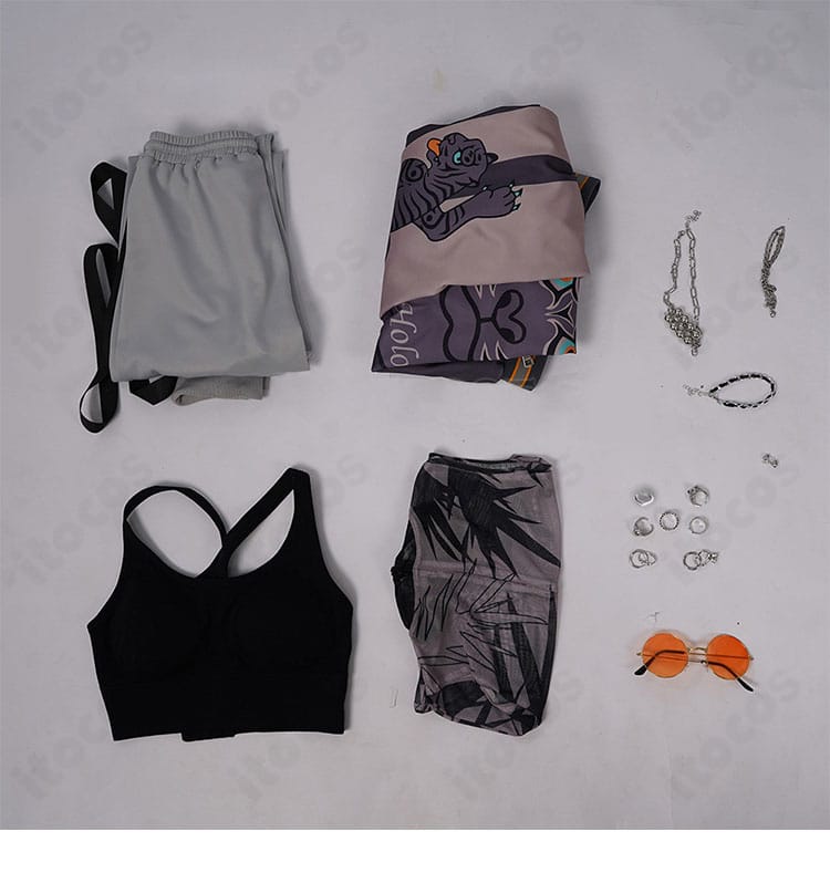 セット内容の展示画像。虎金妃笑虎 DEV_IS FLOW GLOW初期衣装の構成一式を並べて紹介。