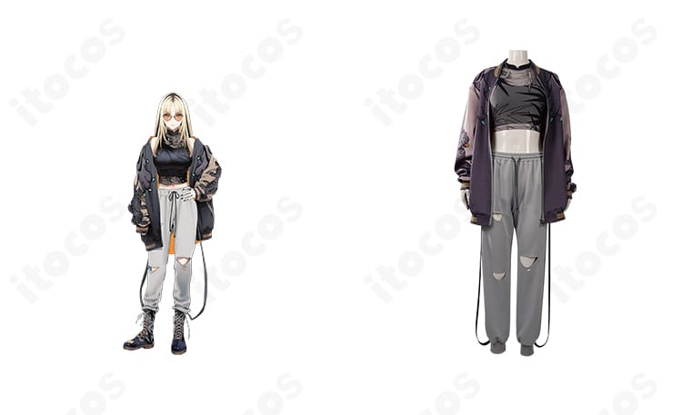 商品正面と虎金妃笑虎のコスプレ衣装を並べた写真。ホロライブ DEV_IS FLOW GLOWの初期衣装を高再現で表現。