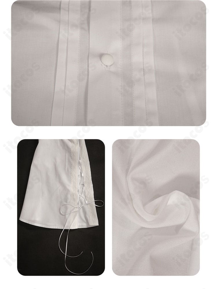 襟元・袖口：シャツの襟と袖口の装飾バランスを示すアップ