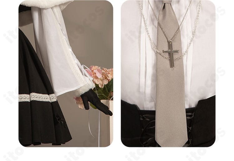 袖・ネクタイ・ネックレス：小物構成と結び目周りの質感が分かる部分アップ