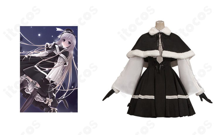 商品とキャラクター比較：春日野穹の冬服コスプレ衣装の全体像（披肩マント・帽子・ネックレスを含む）