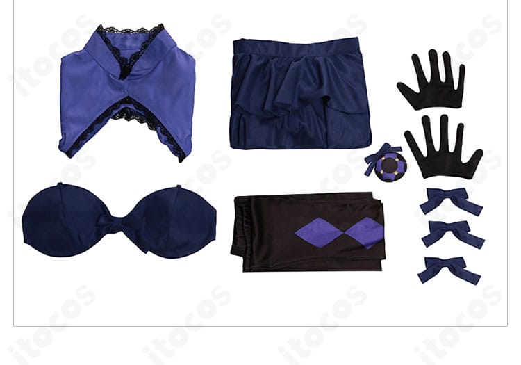 篝火花コスプレのセット内容一覧。トップス、ビスチェ、スカート、タイツ、手袋、髪飾り、蝶結びの同梱アイテム。