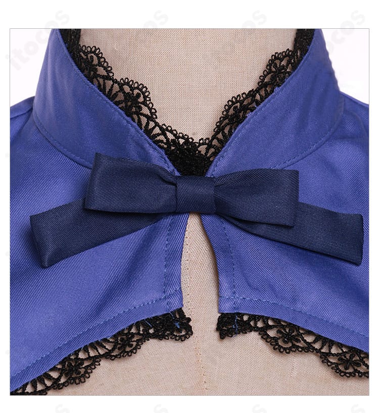 篝火花を象徴する蝶結びと襟装飾のクローズアップ。縁取りと配色が際立つディテール。