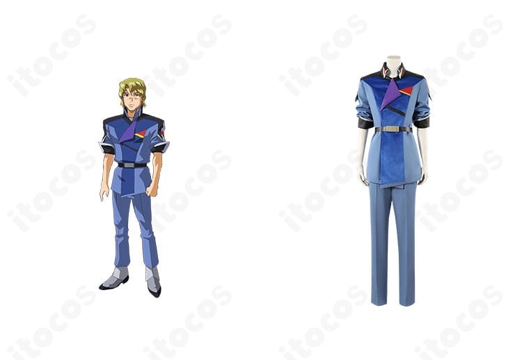 商品正面とムウ・ラ・フラガ（コンパス制服）コスプレ衣装の組み合わせ。全体シルエットと配色ラインが分かる比較イメージ