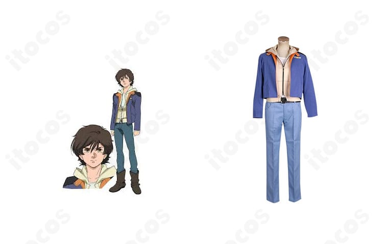 バナージ・リンクスの学生制服コスプレ一式と正面画像。青ジャケットと白インナーの配色が高再現で、全体のシルエットが分かる構図。