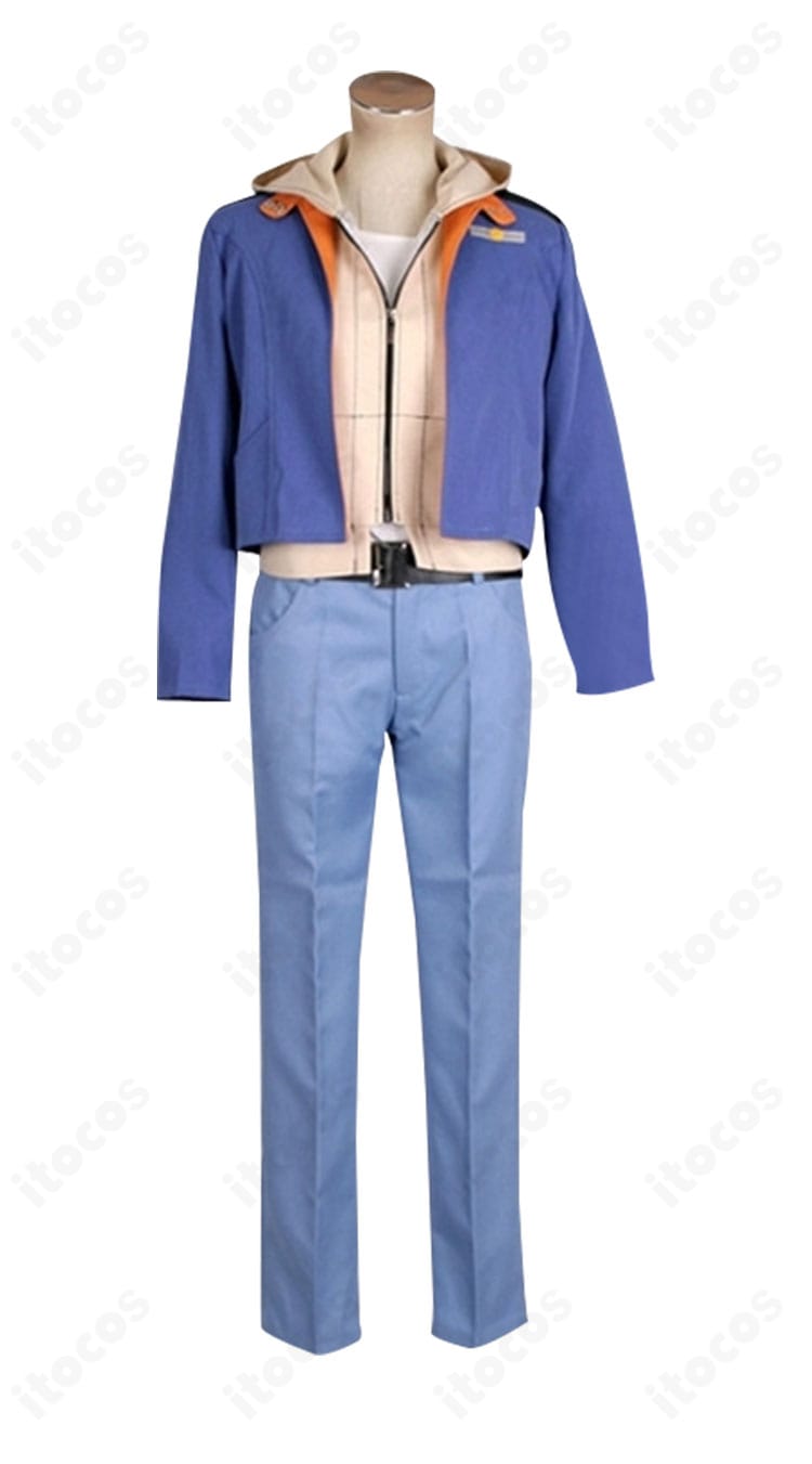 正面から捉えたコスプレ衣装。青ジャケットのラペルと白インナー、同色パンツの質感・縫製ラインが確認できる詳細写真。