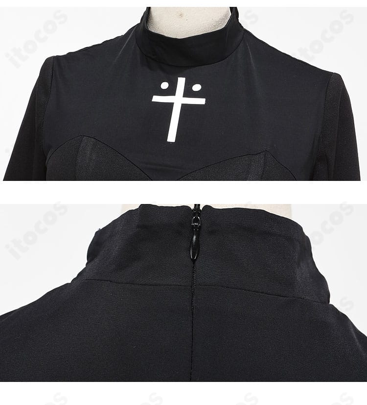 襟とチェーン装飾のアップ。ラインのステッチと金属風パーツの質感が分かる遠坂凛コスプレ衣装のディテール。