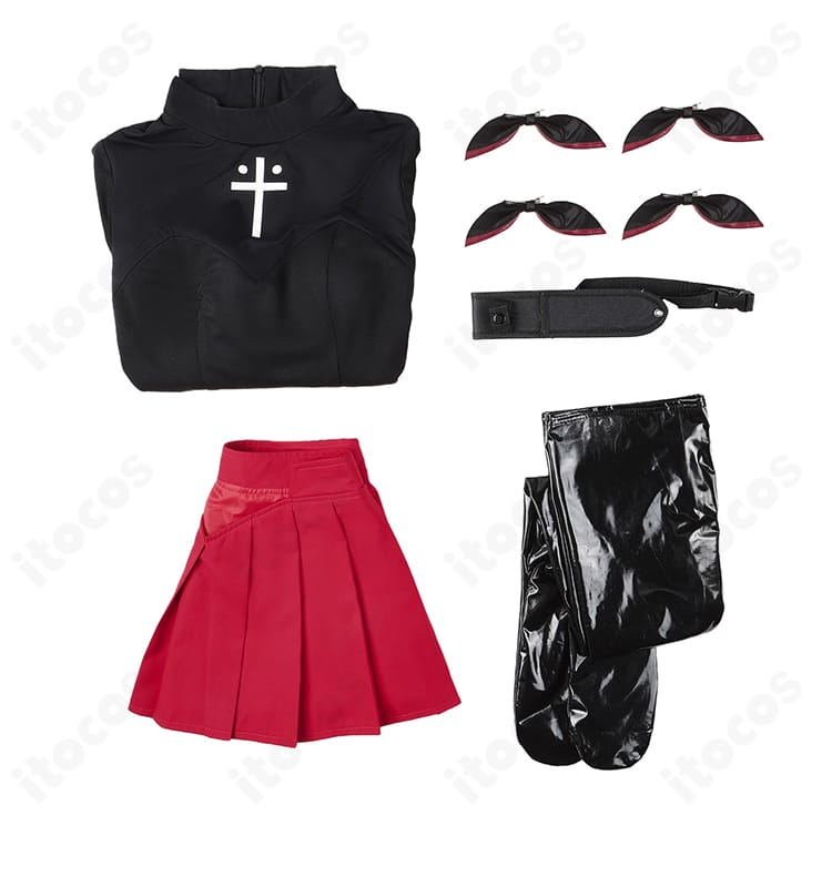 セット内容案内画像。トップス・スカート・靴下・髪飾り・太もも飾りの基本構成が一目で分かる遠坂凛コスプレ。