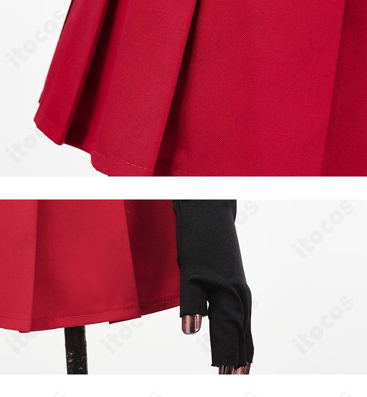 スカートと太もも飾り周辺のディテール。アクセント配置でシルエットを引き締める遠坂凛コスチュームの要素。