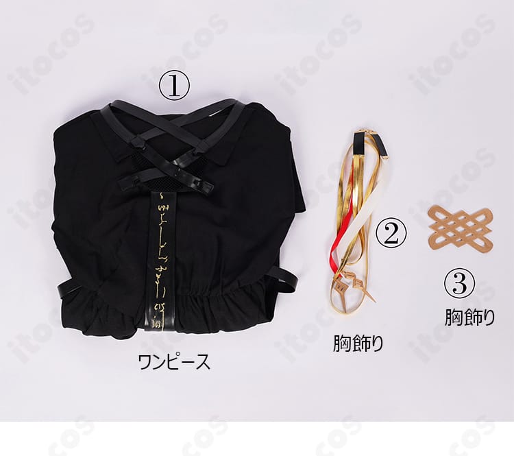 アークナイツ ロゴス衣装のセット内容一覧。ワンピース・胸飾り・腕飾り・髪飾りを一望できる画像。