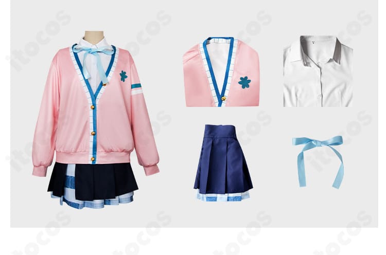 学園アイドルマスター 花海佑芽 コスプレ衣装のセット一式。ブレザー、シャツ、スカート、リボンが揃った内容展示。