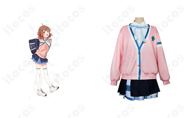 学園アイドルマスター 花海佑芽 初星学園制服のコスプレ衣装を正面から。キャラクターイメージと並べて再現度を確認できる写真。