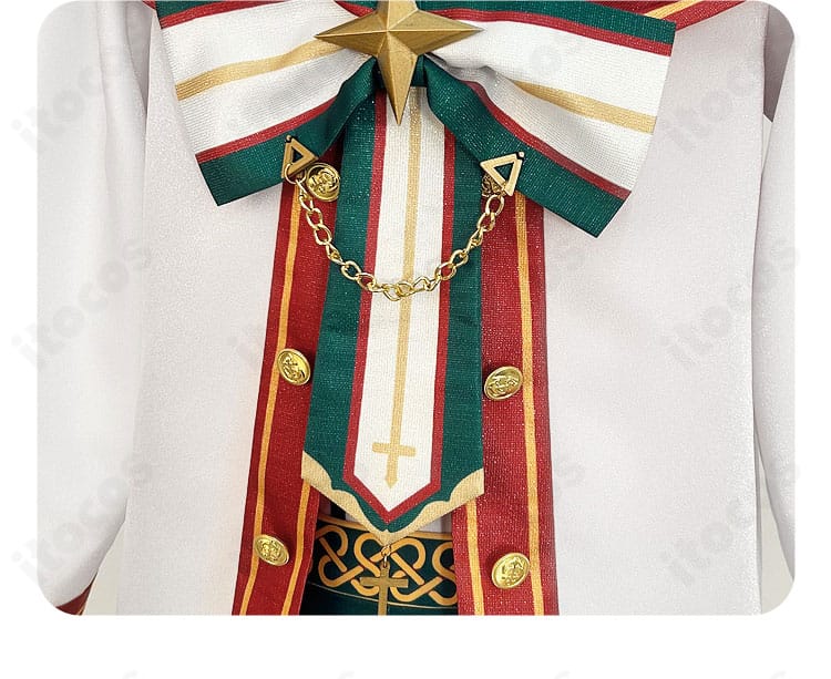 スタフェス衣装の門襟デザインと前立て周りのディテール。配色とステッチワークが見えるアップ。