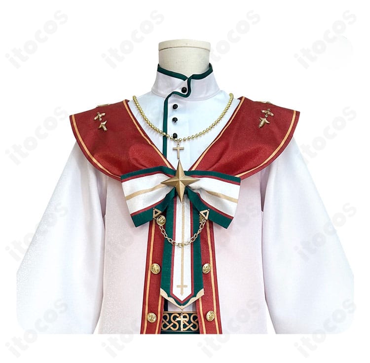 スタフェス衣装のネックレスと襟元装飾の近接カット。金属調パーツと刺繍風意匠の質感を強調。