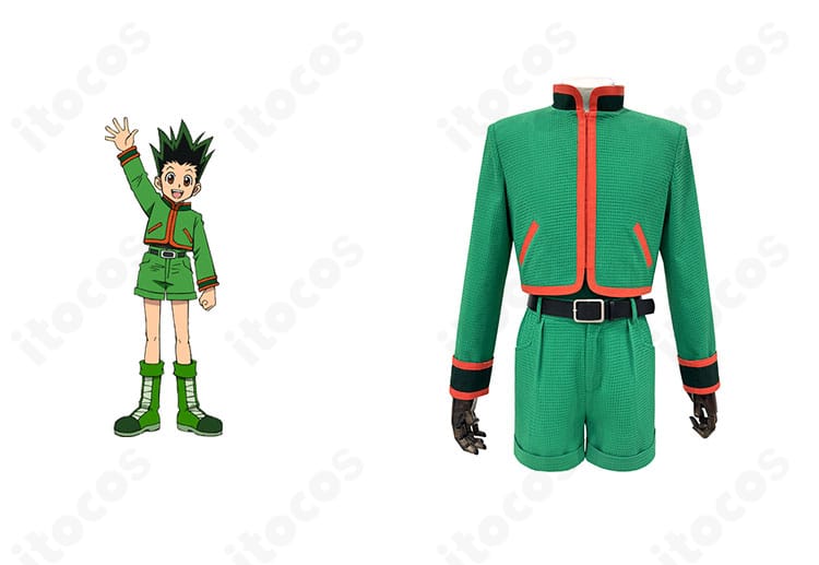 ゴン＝フリークス ハンター試験編のコスプレ衣装を着用した合成イメージ。緑ジャケットとショートパンツの高い再現度がわかる全身カット。