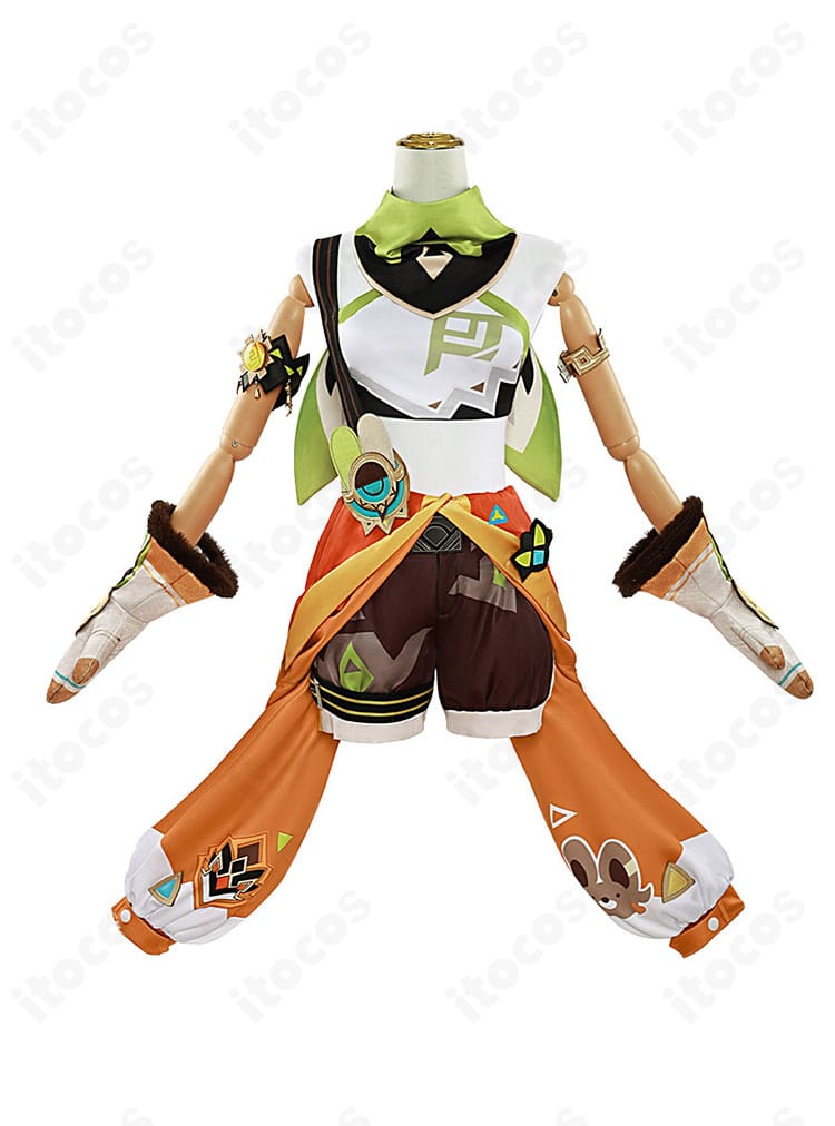 原神 カチーナ 初期衣装コスプレの正面全体図。コート、ベアトップ、ショートパンツのレイヤーと配色バランスを確認できる。