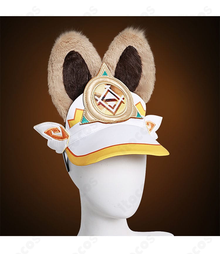 原神 カチーナの帽子装飾ディテール。立体的な意匠とエッジの縫製補強、留め具仕様が分かるクローズアップ。