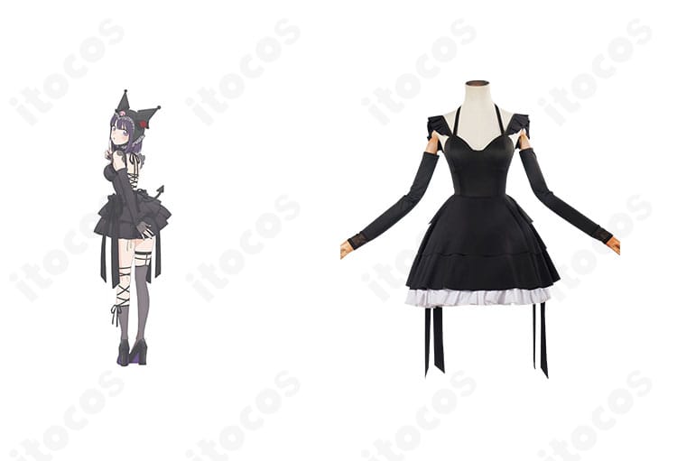 喜多川海夢の黒江雫×クロミコラボ衣装を正面から。キャラクターイラストと並置し、高再現のシルエットと配色を示す画像。