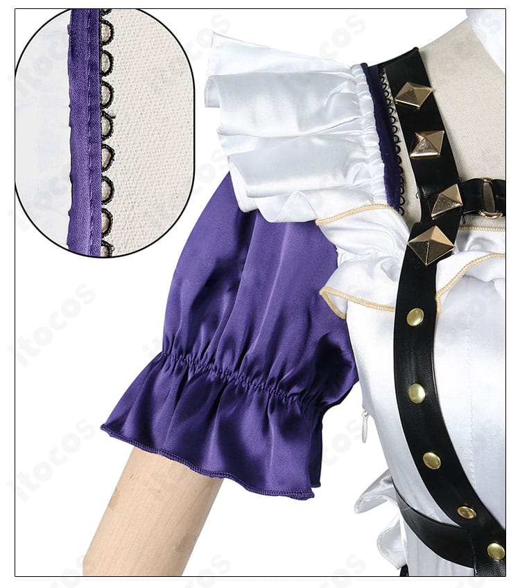 肩から袖の装飾アップ。カフス・レース・ステッチワークなどメイド服らしい意匠の近接写真