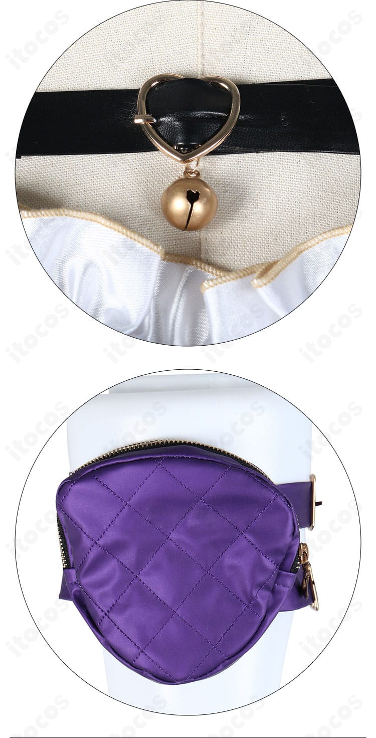 胸元の鈴と小袋のアップ。アクセントになる金具とチャームの質感が分かる