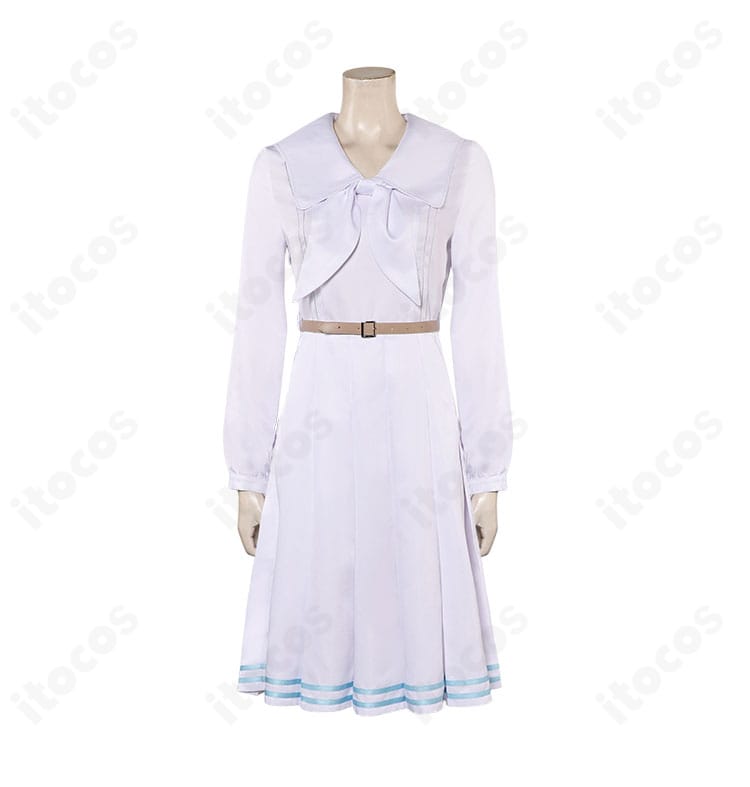 BEASTARS ハル コスプレ衣装の正面カット。白いセーラー襟ワンピースとベージュのベルトが見える写真