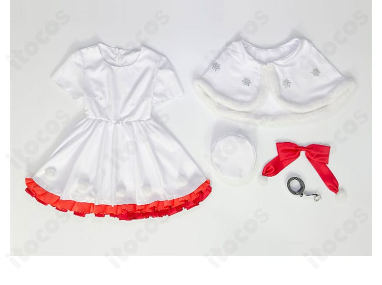 高海千歌 WINTER VACATION衣装のセット内容一覧。帽子・スカーフ・マント・ベルト・ワンピースの5点が揃った構成写真