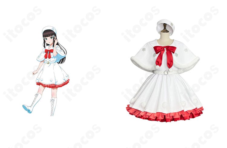 ラブライブ！サンシャイン!! 高海千歌 WINTER VACATION衣装の正面と公式風イメージ比較。雪の結晶と冬小物を再現した全体構成がわかる画像