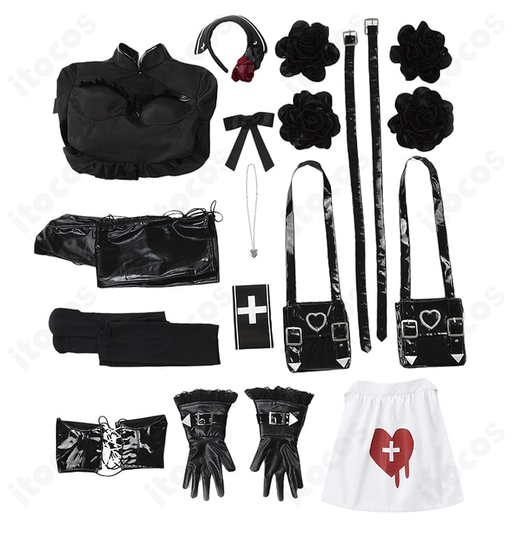 セット内容一覧。ワンピース、エプロン、ショルダーバッグ、肩飾り、ベルト、腕章、ネックレス、タイツ、手袋、コルセットベルト、髪飾り、カチューシャを並べた画像