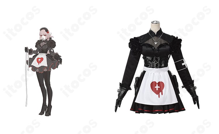 商品正面とフローレンス・ナイチンゲール（婦長）のビジュアルを並置したFGO「安息の館」コスプレ衣装の全体像