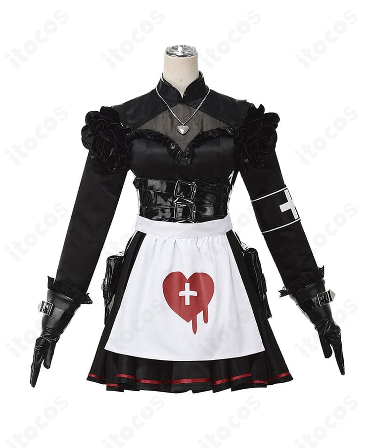 FGO ナイチンゲール「安息の館」コスプレ衣装の正面図。エプロンとコルセットベルトの配置が分かるカット