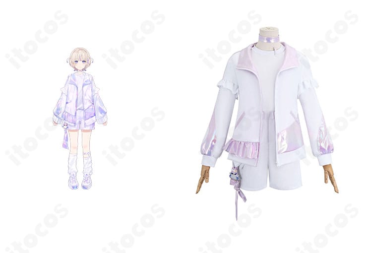 ホロライブ 轟はじめの公式ビジュアルと衣装を並べた、正面全身コスプレの比較カット