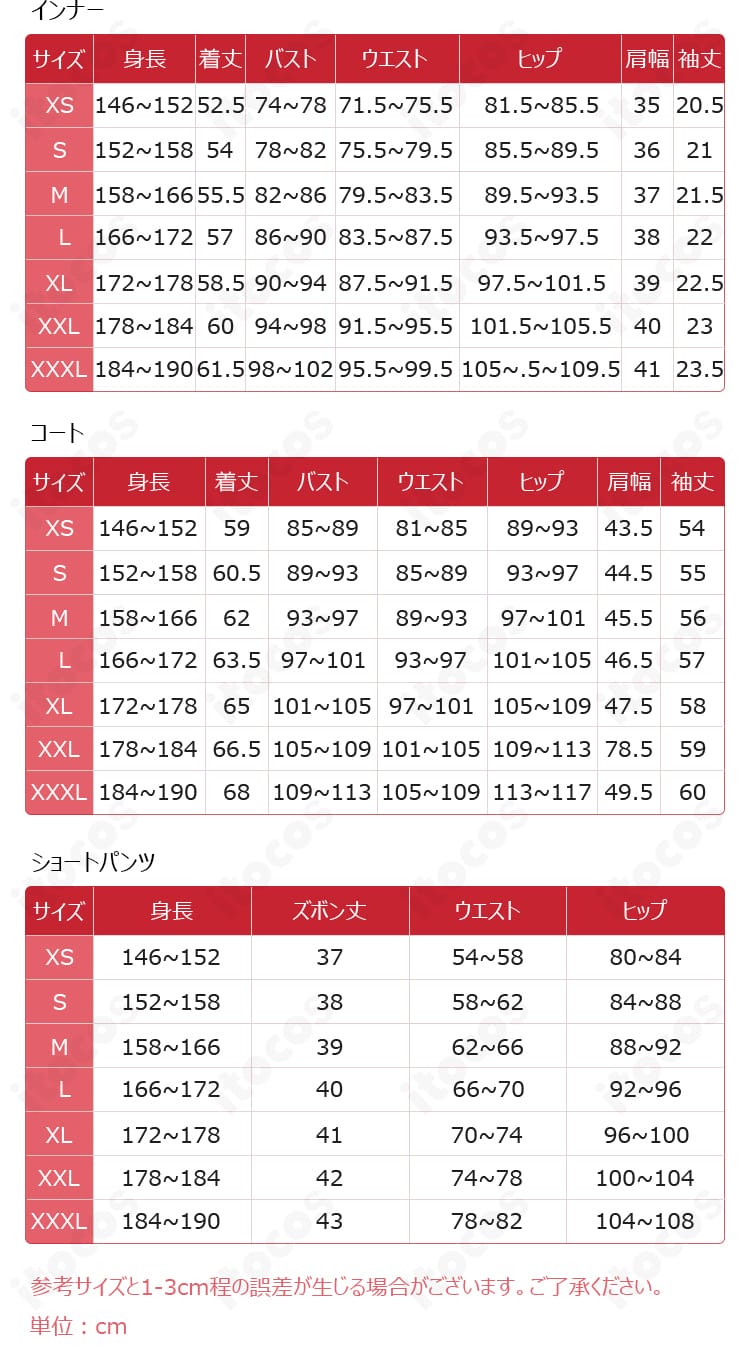 轟はじめ コスプレ衣装のサイズガイド。S・M・L・XLの実寸表と計測部位の図解