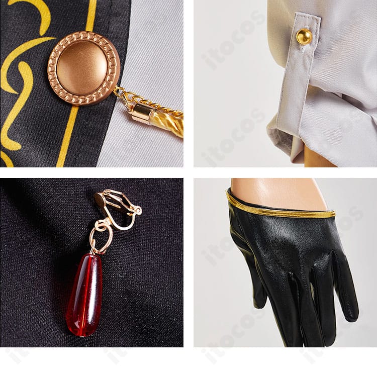 襟・袖口・耳飾り・手袋のディテール。縁取りの発色とアクセサリー構成が伝わる近接写真