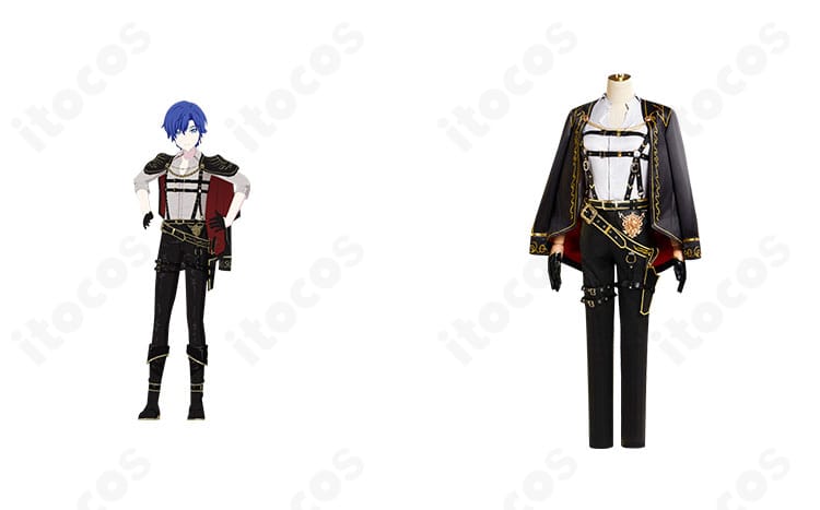 KAITOのステージ衣装コスプレ。商品の正面全体とキャラクタービジュアルを並置し、配色と装飾が分かる正面写真