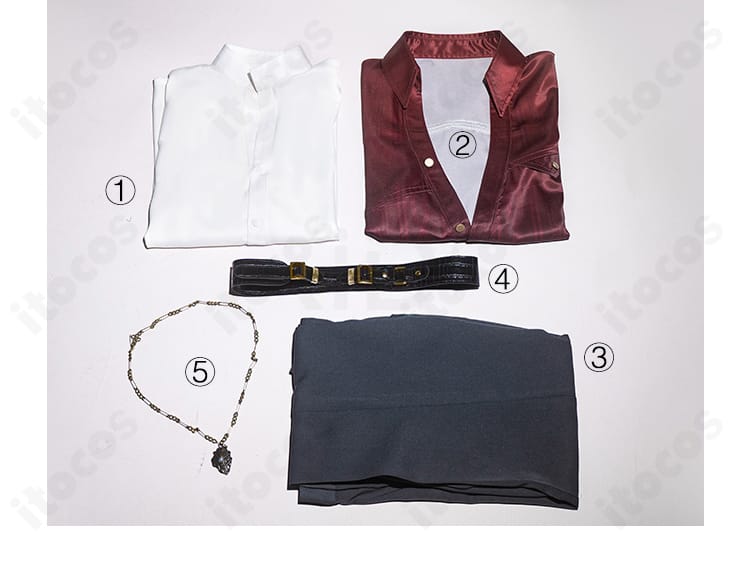 セット内容一式を並べた写真。インナー、シャツ、ズボン、ベルト、ネックレスがひと目で分かる構成。