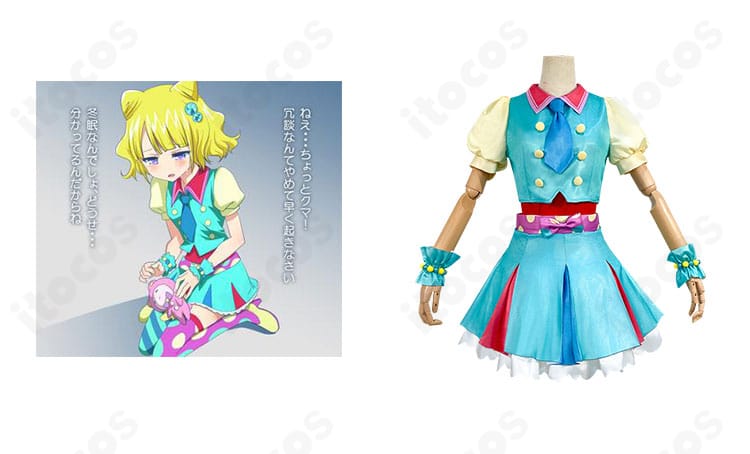 プリパラ 南みれぃ アイドル制服コスプレ衣装と公式キャラクターの比較画像。襟元やリボン配置、スカート装飾の再現度を確認できます。