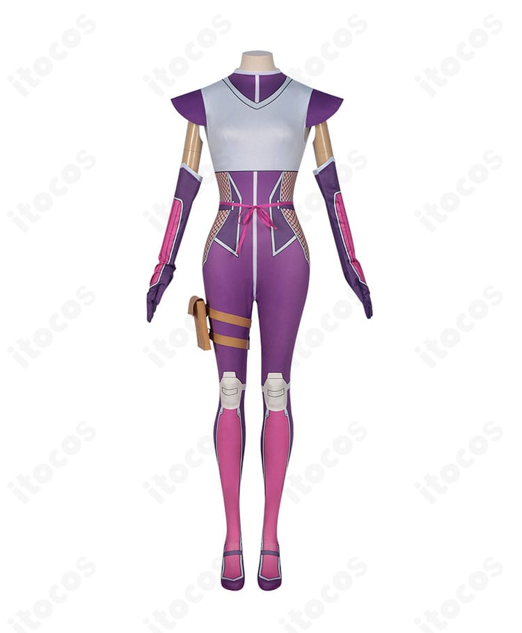 ニートくノ一 百地彩夢 常服コスプレ衣装の正面全身。キャットスーツ基調と小物配置がわかるカット。