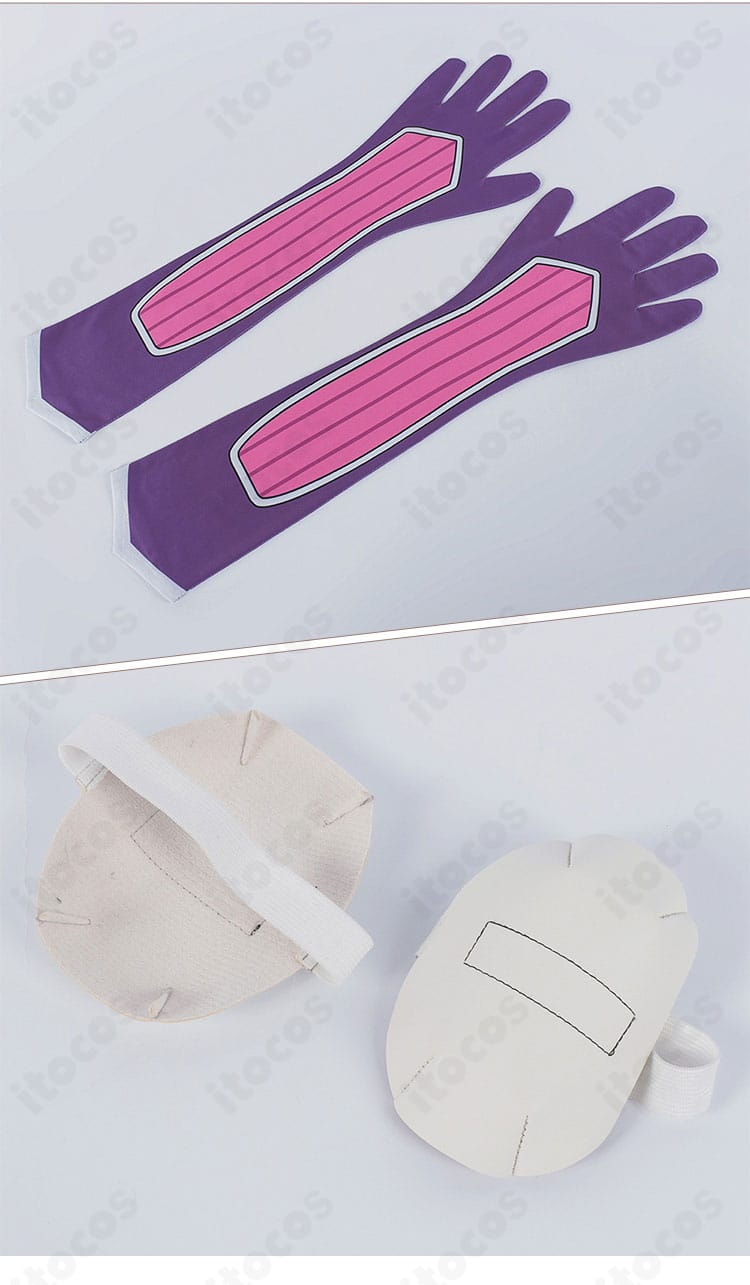 ニートくノ一 百地彩夢 常服コスプレ衣装の手袋とニーパッドの装飾。素材感と意匠の再現ポイントが分かる。