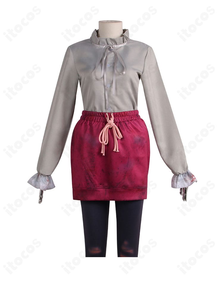 フェン・ミン 楽天家 コスプレ衣装のシャツ前面ディテール。襟元と前立ての仕上げが分かる接写