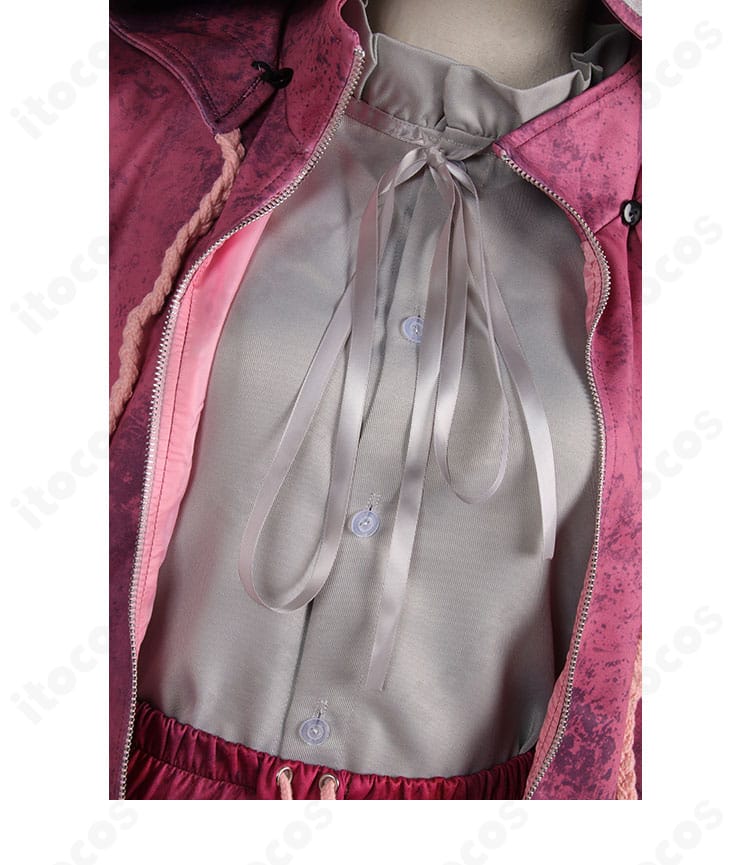 フェン・ミン 楽天家 コスプレ衣装のネック周りと結び目、門襟のディテール。整った縫製で写真映え