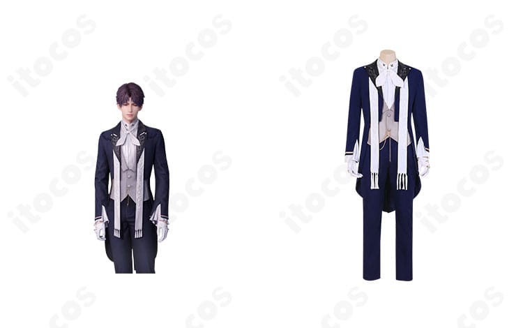 恋と深空 ホムラ 海妖の影コスプレ衣装の正面とキャラクター比較。肩袖装飾や配色など再現ポイントが分かる構図。