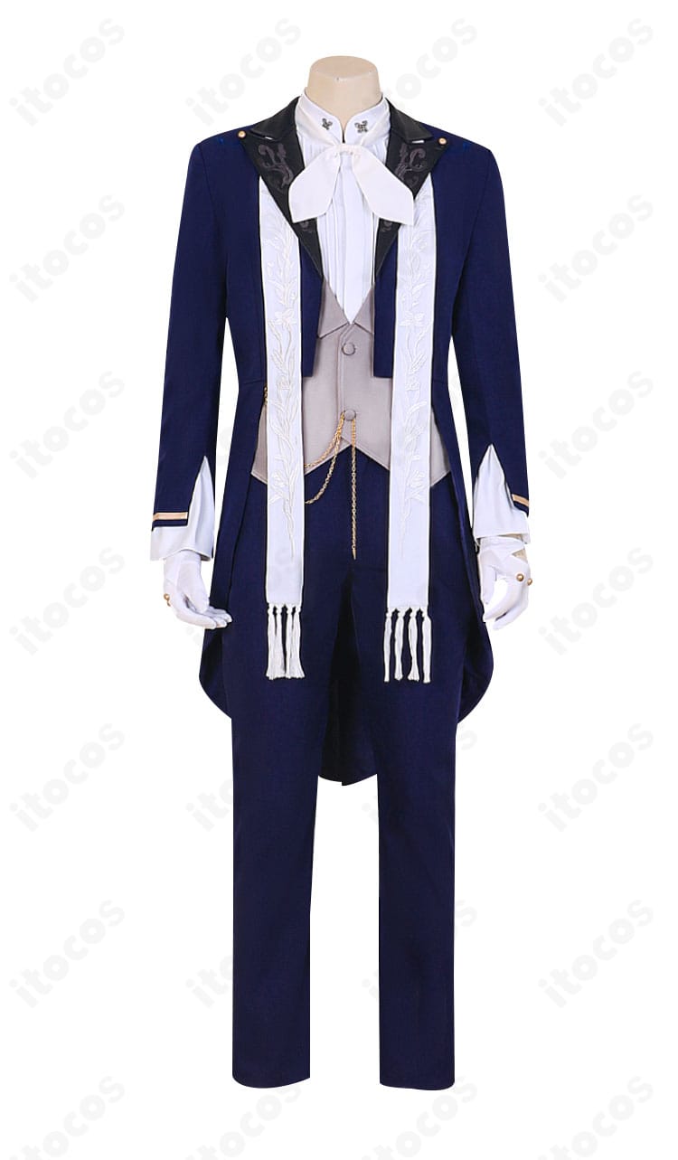 恋と深空 ホムラ 海妖の影コスプレ衣装の正面全体像。イベント向けに映えるコート×ベストの重厚なシルエットを強調。