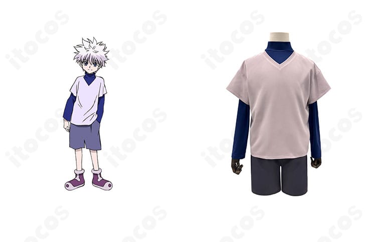 HUNTER×HUNTER キルア＝ゾルディックのコスプレ衣装とキャラクタービジュアルが並ぶイメージ。日常服を忠実再現した3点セットでイベント向け。