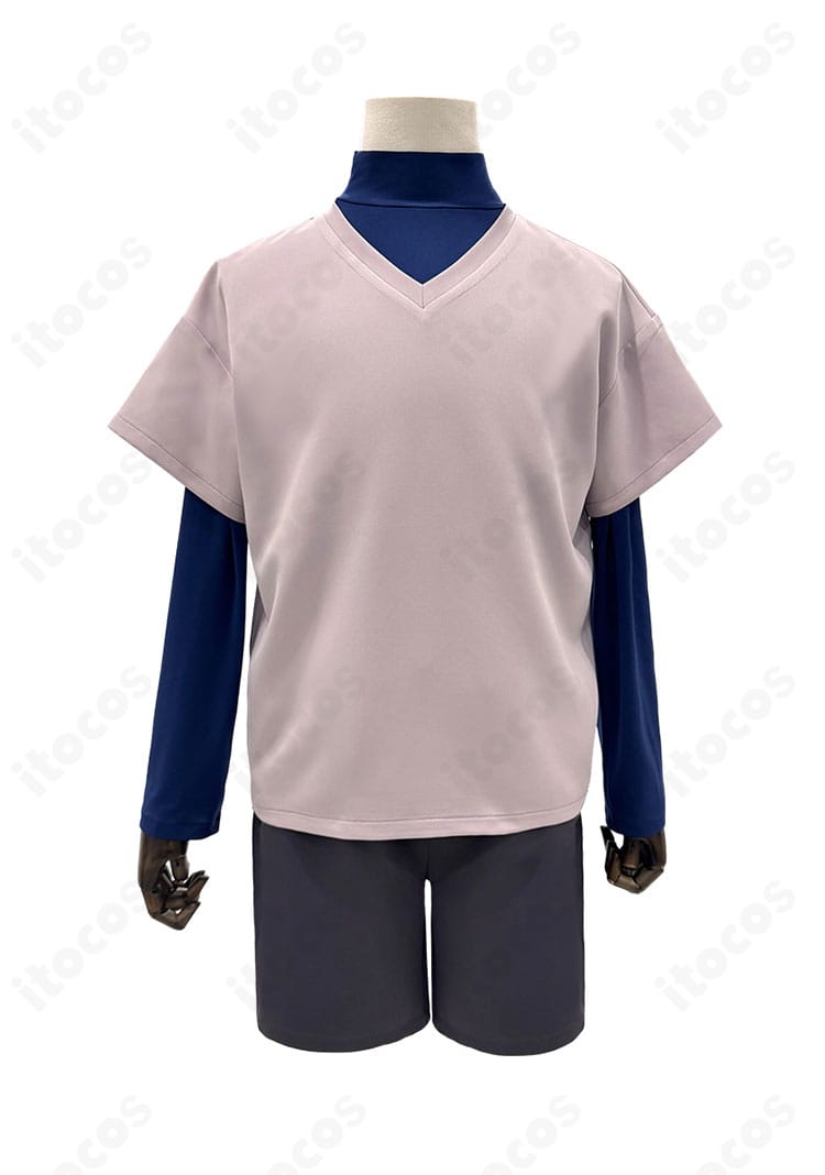 キルア＝ゾルディック 日常服コスプレ衣装の正面全体。白トップスと長袖インナー、ショートパンツのバランスが分かる再現デザイン。