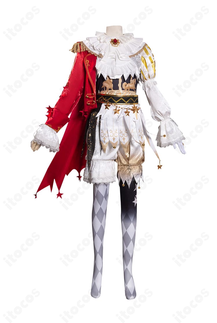 『星の王』コスプレ衣装の正面全身。曲芸師マイクの王子風コート、コルセットベルト、スカーフの配色とシルエットをクリアに表示。